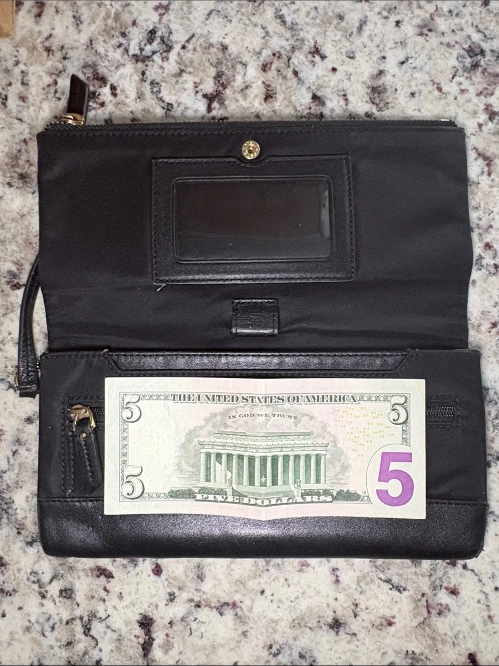 Tumi Black Leather Wristlet Clutch with Gold Hardware
